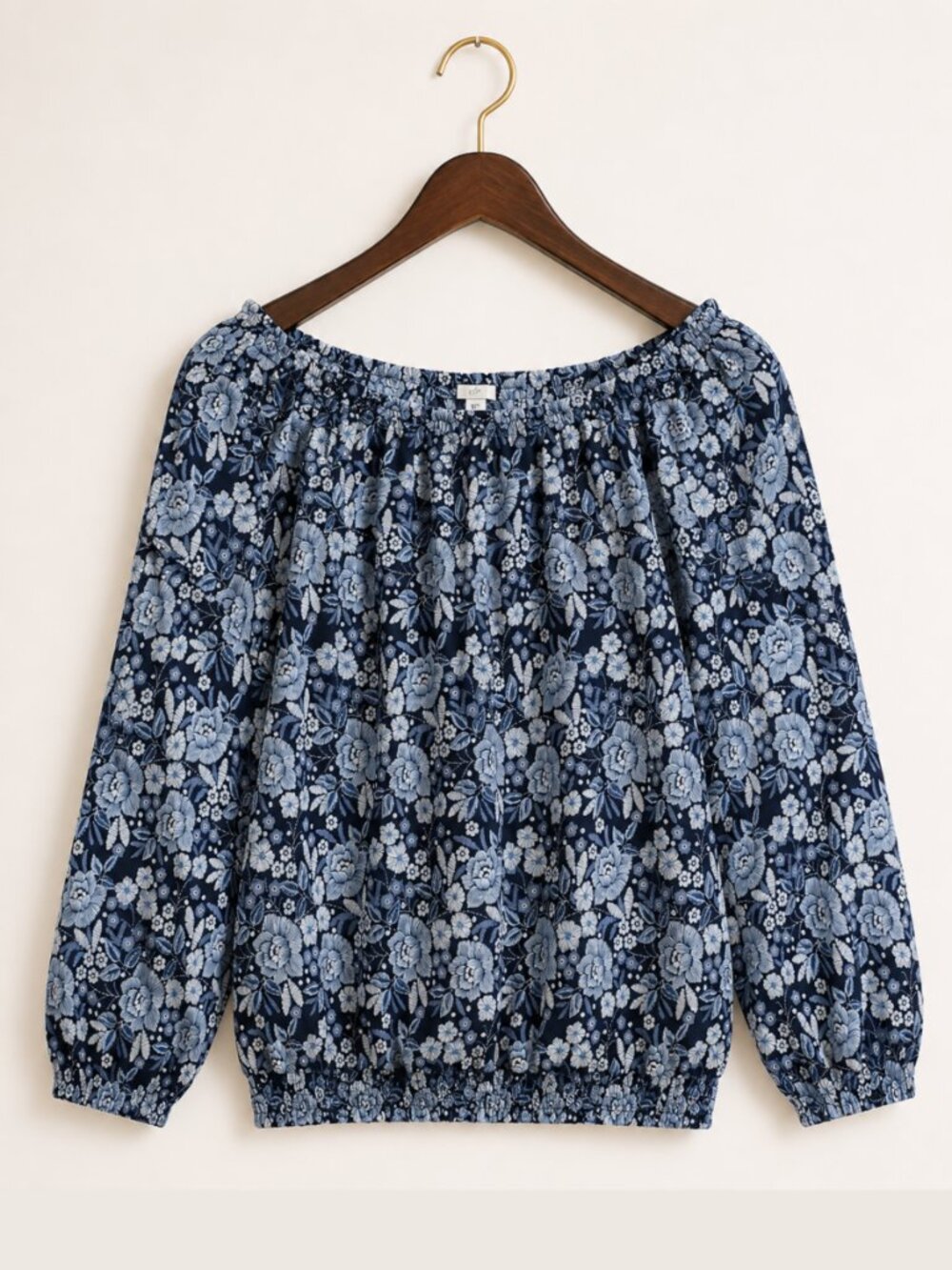 J.Jill XL Cotton Blue Floral Blouse Wide Sleeves Elastic Hem Brunch Cottagecore